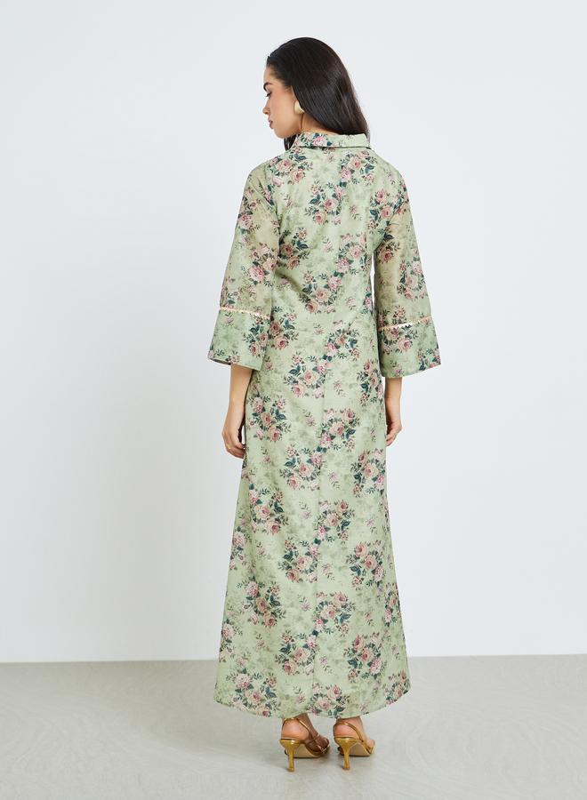 Amirah Women Green Floral Print A-Line Jalabiya - Image 4